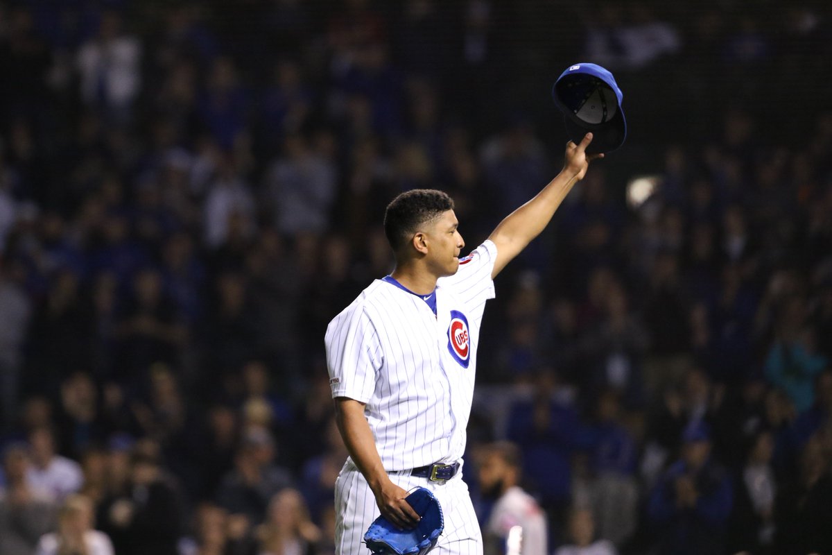 Cubs's tweet photo. The @MLB debut for @adbert29:

4 IP, 1 H, 1 ER, 2 BB, 5 K.

1 standing ovation.
1 W.
#EverybodyIn https://t.co/BQZZsF9FIN