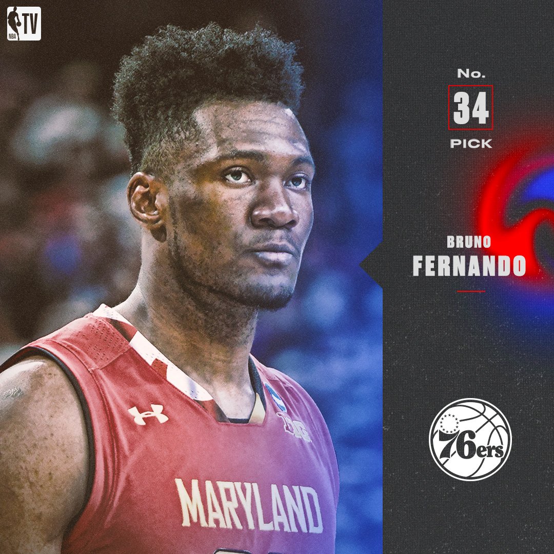 NBATV's tweet image. The Sixers select Bruno Fernando with the No. 34 pick in the 2019 #NBADraft!

He will reportedly be headed to the @ATLHawks via trade.