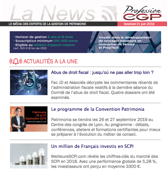 ProfessionCGP's tweet photo. [#VendrediLecture] #CGP, l'actu en #GestionDePatrimoine a été chargée cette semaine. Retrouvez la News Hebdo qui dresse le récap' de l'info qu'il ne fallait pas manquer 
➡️ https://t.co/gasn2W9mMC

#AssuranceVie #immobilier #SCPI #Assetmanagement #Patrimonia19 https://t.co/l2nY9HvHgP