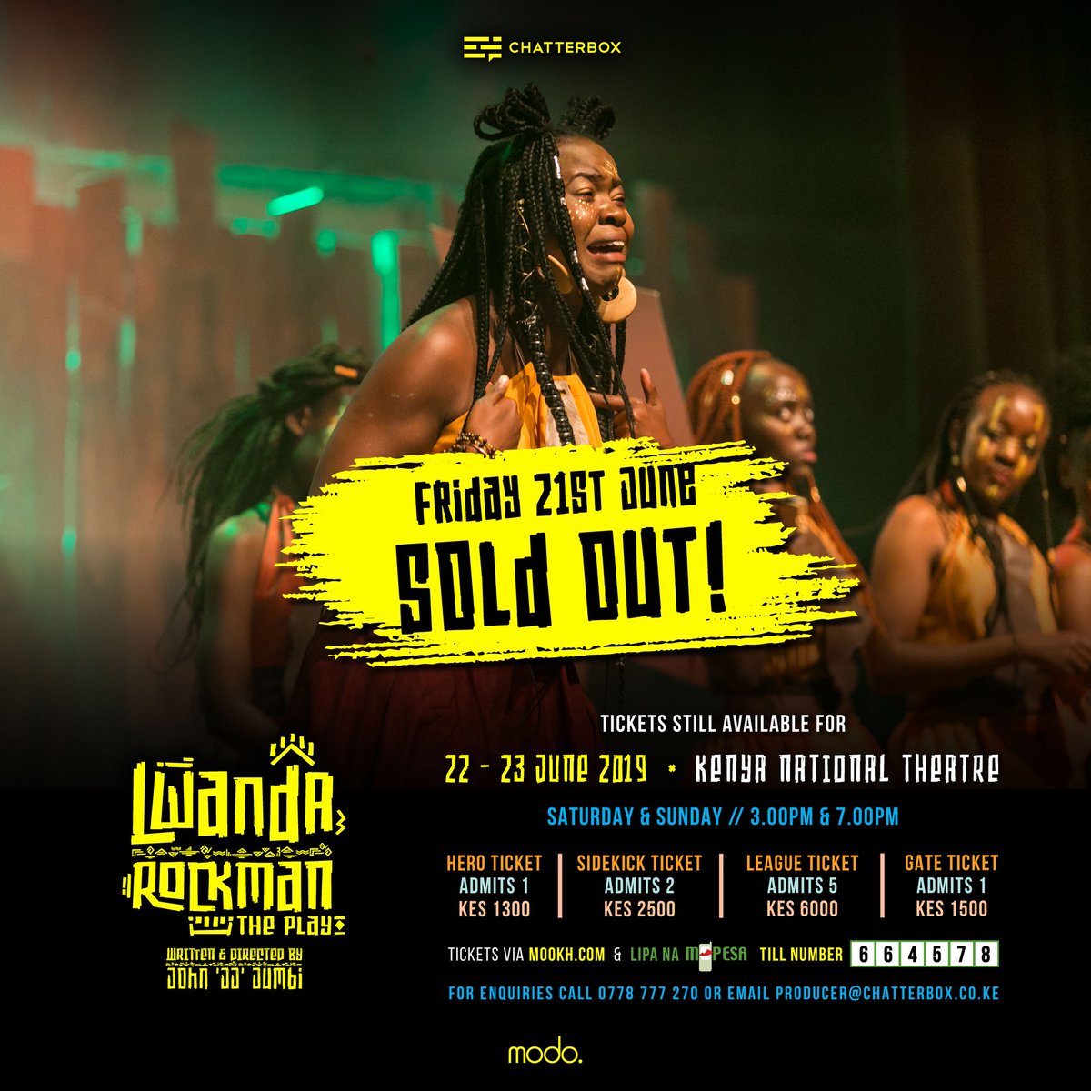 ArtChatterbox's tweet photo. And we are officially SOLD OUT for tonight's show! πBut, tickets are still available for the remaining 4 shows via https://t.co/jZ5ueAkvmU or Mpesa till Number 664578.
For any enquiries, contact us on 0778777270.
#LwandaRockman #LRthePlay #Chatterbox https://t.co/qESEgDJVOH