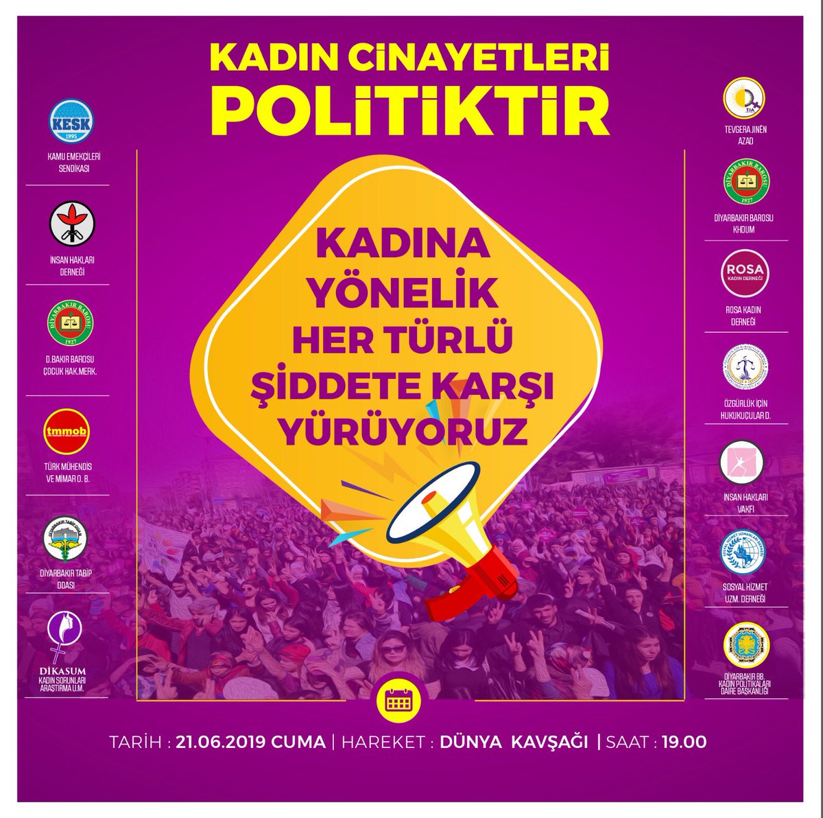 Kadına yönelik her türlü şiddete karşı, erkek-devlet işbirliğine karşı kadın dayanışması ile yürüyoruz. 

Bugün (21.06.2019)Amed Dünya Kavşağında saat:19:00 da buluşuyoruz. 
Haydi sende katıl! 🤗🌸<a href="/rosakadinderne1/">Rosa Kadın Derneği</a>