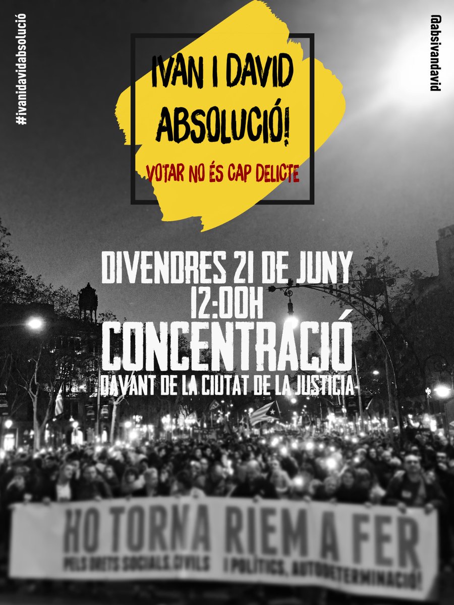 Arran_jovent's tweet photo. #BonDia ☀️ Avui jutgen en David i l'Ivan (@Absivandavid) per defensar l'#1O durant un acte polític a Sant Andreu de Palomar en 2017. Votar no és delicte! ✊ #IvaniDavidAbsolució https://t.co/1uTQ0N12X5