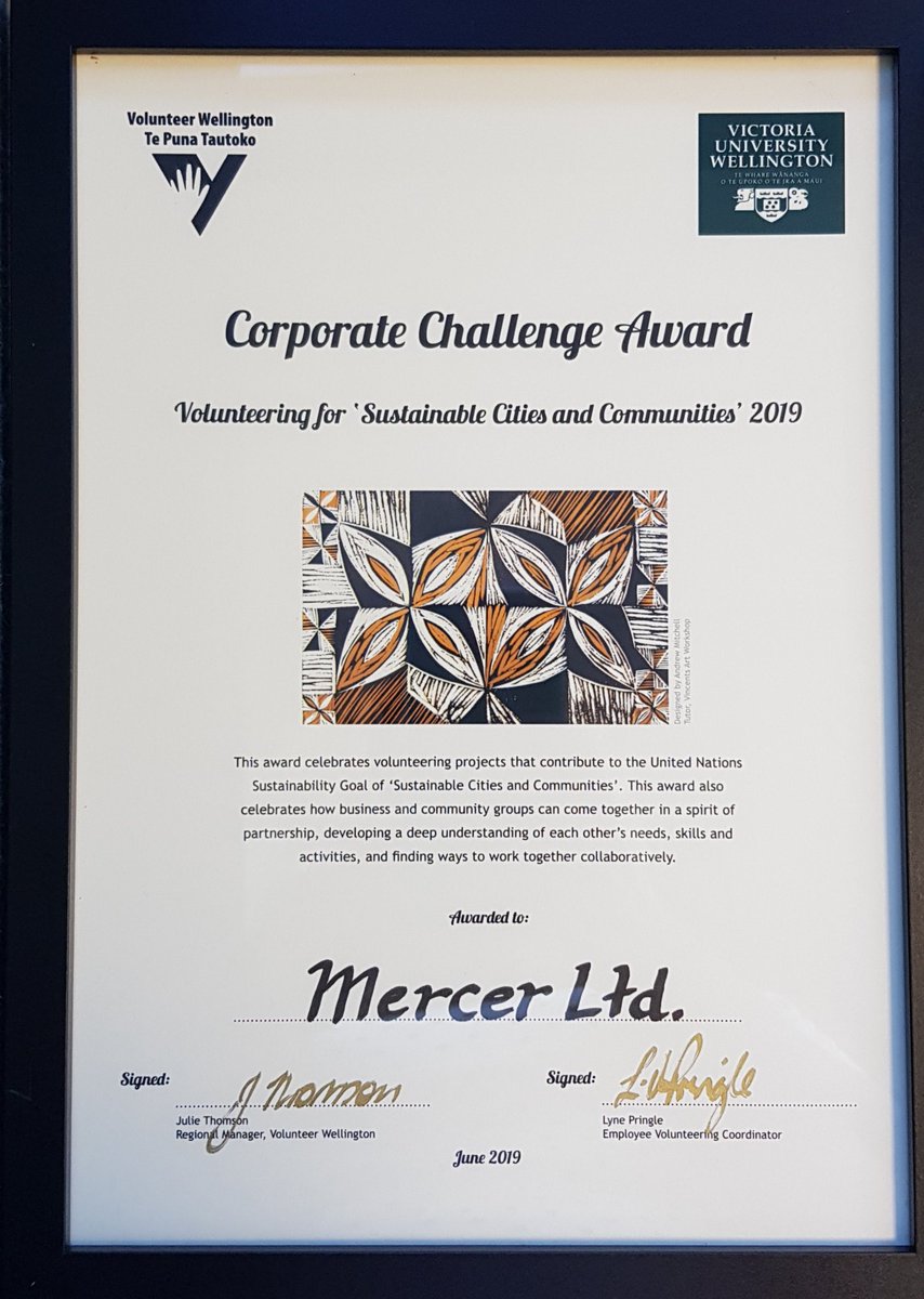 Thank you @VolunteerWgtn for this fantastic award! The team are stoked to be recognized as helping in our community and contributing to the #UnitedNations Sustainable Goals. #NVW2019 @Mercer_NZ @MMC_Global @lifeatmercer #mercercares 

📷 Éva Kaprinay #VolunteerWellington