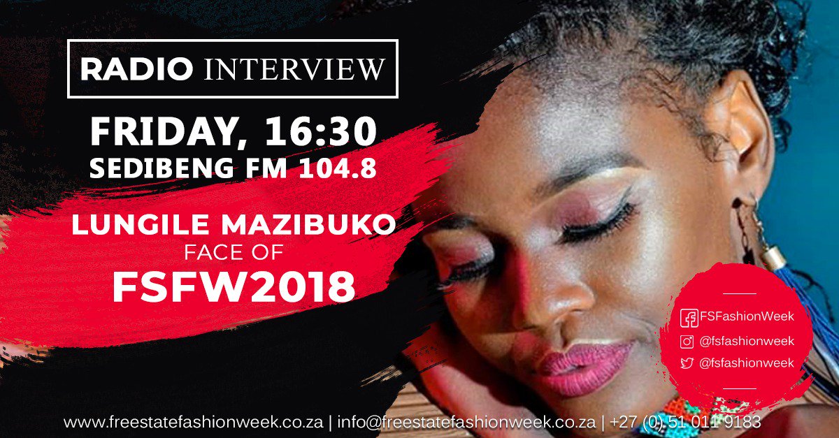 FSFASHIONWEEK's tweet photo. Listen to @Lungie_Mazibuko, the 2018 Face Of Free State Fashion Week, she will be on Sedibeng FM this afternoon at 16h30.
#FaceOfFSFW
#FSFW19 https://t.co/sIrTFJyezr