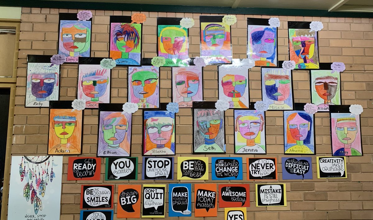 Super proud teacher moment. Our self-portraits and the beautiful growth mindset messages chosen have turned out amazing. Something to look at everyday for motivation! 
‘All things are difficult before they are easy’ #GrowthMindset #positivemindset #mindfulness <a href="/GuisePublic/">Guise Public School</a>