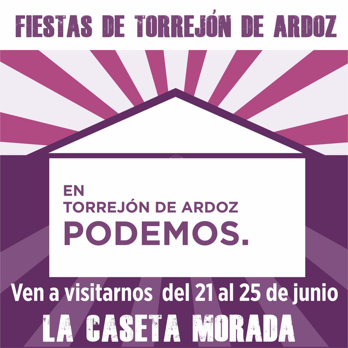 RT PodemosTorrejon: "📢¡¡¡Arrancamos motores!!! 📢

Esta noche comienzan las Fiestas de Torrejón. ¡Acércate a la caseta morada del 21 al 25 de Junio, diversión y compromiso asegurado! 💃🕺 "