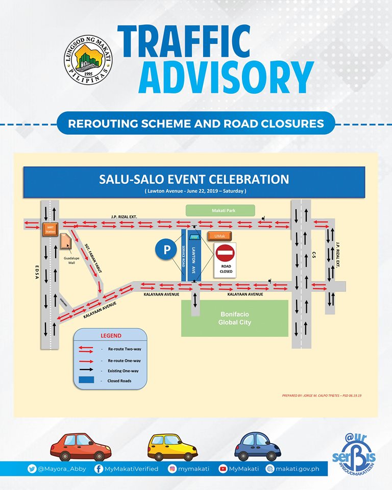 MakatiTraffic's tweet photo. ADVISORY: In Observance of the 349th Foundation Day Celebration of Makati, the City Government will Implement Road Closures and Traffic Rerouting Schemes from June 21 (Friday) at 12:01 AM to June 23 (Sunday) at 12:01 PM.https://t.co/Y3I6JbTycs  #MyMakati #Makatizen #MakatiTraffic https://t.co/BgxWeJJp0m