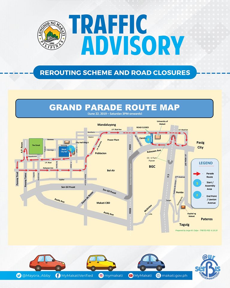 MakatiTraffic's tweet photo. ADVISORY: In Observance of the 349th Foundation Day Celebration of Makati, the City Government will Implement Road Closures and Traffic Rerouting Schemes from June 21 (Friday) at 12:01 AM to June 23 (Sunday) at 12:01 PM.https://t.co/Y3I6JbTycs  #MyMakati #Makatizen #MakatiTraffic https://t.co/BgxWeJJp0m