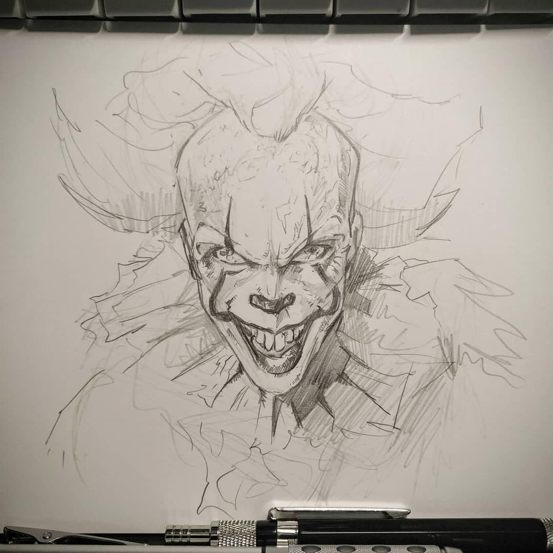 LocusBalance's tweet photo. Speed sketch character study of #Pennywise from #StephenKing #ItChapter2 - the next @Talenthouse creative call. This is just to gain a visual understanding of the character before I begin the actual piece.
#comicartist #comicpencils #DrinkingandDrawing #ArtworkFueledByMantraWines https://t.co/4G63sFdedo