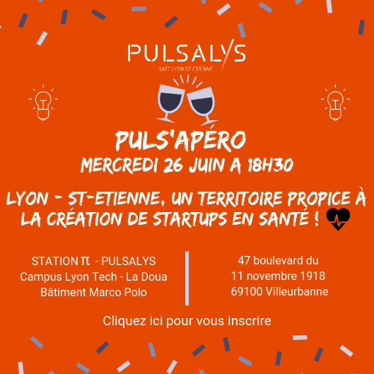 Pulsalys's tweet photo. Notre #PulsApero du 26/06 aura comme thématique la #santé ⚕️ RDV dans notre #StationPi pour venir écouter les témoignages de #startups et de @Lyonbiopole 😉🥂Inscription ici ▶️ https://t.co/dXn1qkRebc @ReseauSATT @CNRS_dr07 @canceroCLARA @BIOASTER @UniversiteLyon @PoleTechMed https://t.co/AYaZ6LCzwz