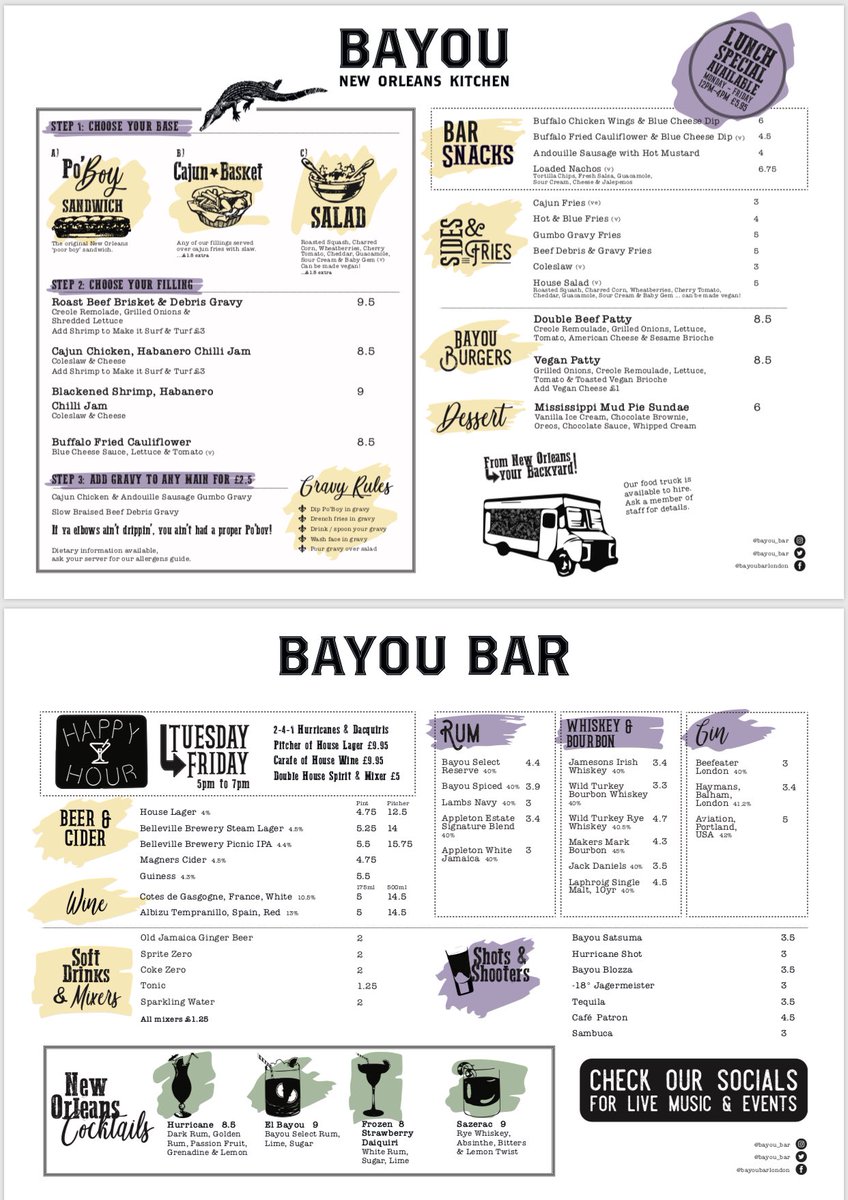 New menu drop today Tooting, you know what to do... 🍻🍔🥖🥙#tooting #menu #london #vegan #bayou #neworleans #bbq #streetfood #cocktails #elbayou #bayouadrink #eat
