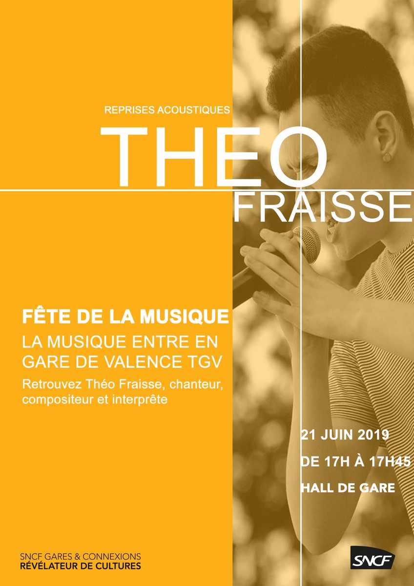 Mylene_sncf's tweet photo. [JOUR J FÊTE DE LA MUSIQUE] 🎶
Retrouvez en #GaredeValenceTGV à partir de 17h00 dans le hall de gare Théo Fraisse, artiste musicien, chanteur et véritable talent 🎤 https://t.co/EQ5pcQFkXj