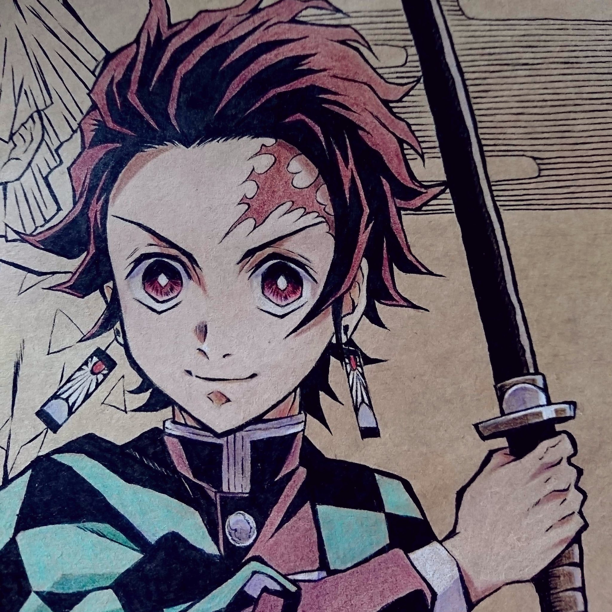 もん とりあえず炭治郎塗れたー 100均のクラフト紙だから紙が毛羽立つ毛羽立つw でもこの紙ならではの質感を楽しんでます 目が上手くいって良かったー 鬼滅の刃 竈門炭治郎 模写 イラスト 筆ペン 色鉛筆 クラフト紙 T Co 3v10bhfmct