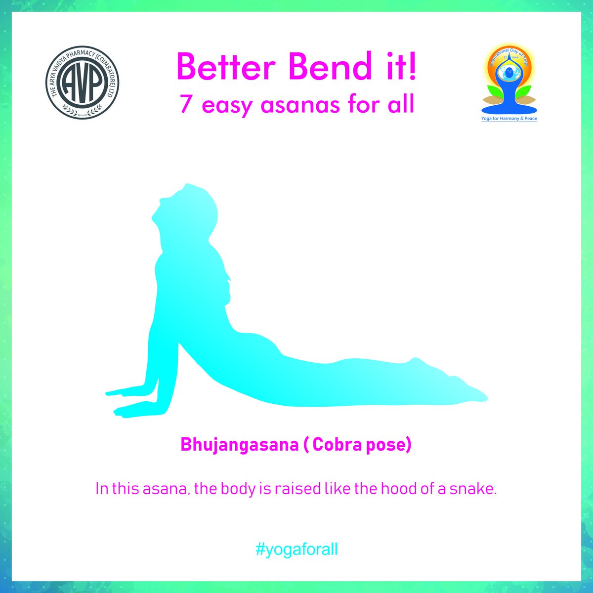 Asana #3: Bhujangasana or cobra pose. In this asana, the body is raised like the hood of a snake. #InternationalDayofYoga #InternationalYogaDay #YogaDay2019 #everydayyoga #avpayurveda #avpayurvedaforlife