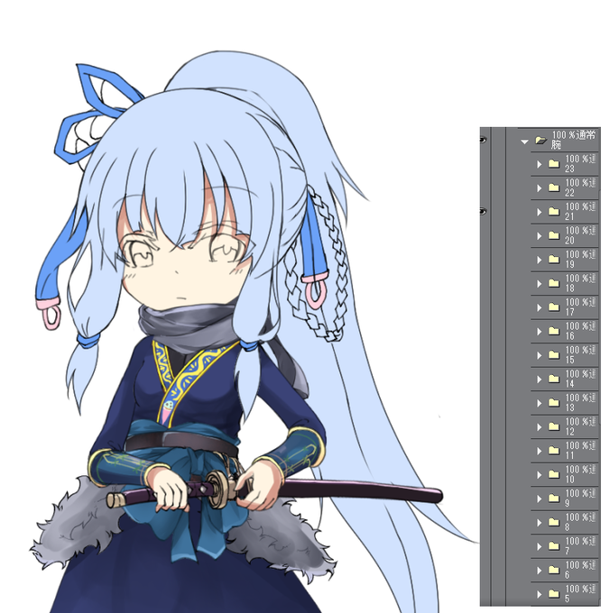 やっと腕差分終わった作業合間にちまちまやってたとは言え
腕差分23個と多いよーでも刀差分10個と表情差分数十個程度だから来週には多分完成するはず
_('ཀ`」 ∠)_ 