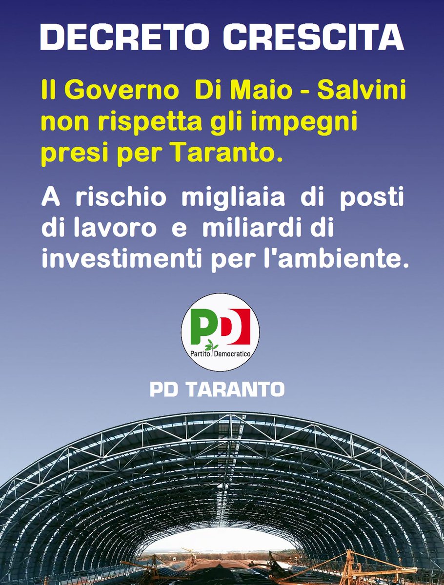 Con questo #DecretoCrescita il Governo non rispetta gli impegni presi per #Taranto e mette a rischio migliaia di posti di lavoro e miliardi di investimenti per l'ambiente. 
<a href="/Deputatipd/">Deputati PD</a> <a href="/SenatoriPD/">Senatori Pd</a> <a href="/pdnetwork/">Partito Democratico 🇮🇹 🇪🇺</a>