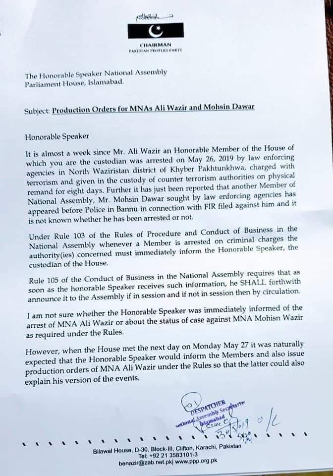 BaitullahSahil's tweet photo. Speaker Asad Qaiser is blatantly telling lies to HamidMir in GEO news that no request from opposition is recieved for Production Order of PTM MNAs Aliwazir and Mohsin Dawar. Here is letter written by Chairman PPP Bilwal Bhutto Zardari duly recieved &amp; stamped in National Assemb https://t.co/zXWBxthkSY
