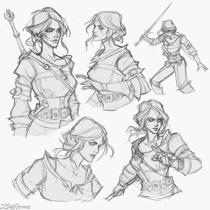 Decided to share a few sketches with Ciri, getting warmed up before making a new illustration ✏ 
#Withcer3 