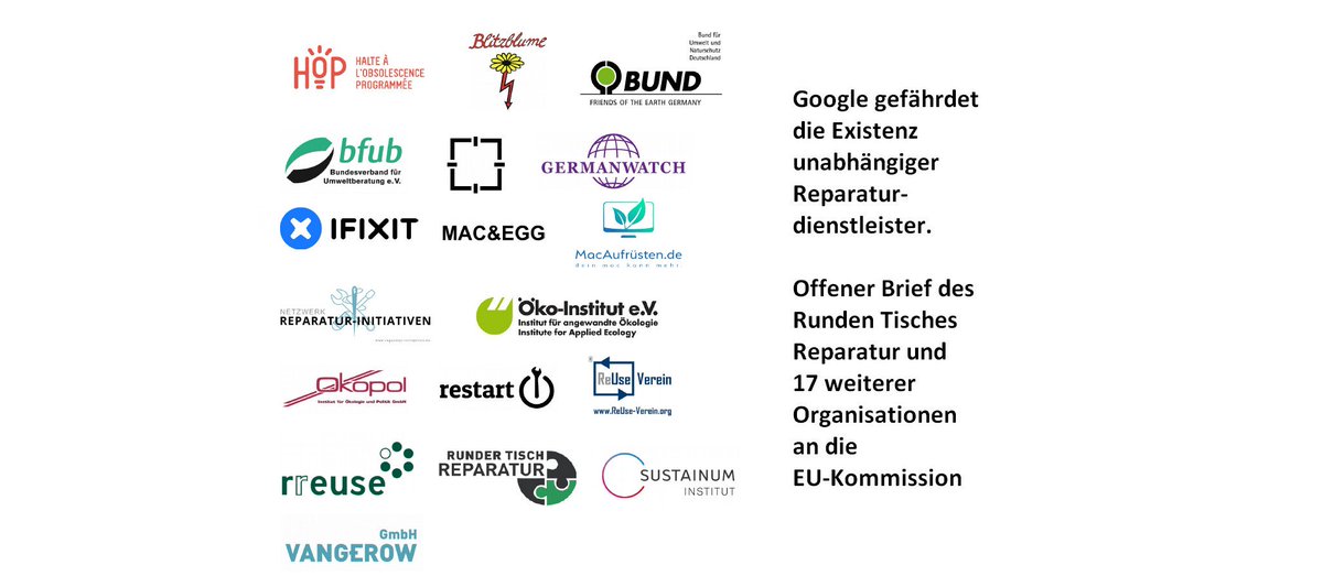 Wir fordern die EU-Kommission heute gemeinsam mit vielen anderen Organisationen auf, Googles Diskriminierung freier #Reparatur-Betriebe nicht zuzulassen. <a href="/vestager/">Margrethe Vestager</a> <a href="/KarmenuVella/">Karmenu Vella</a> 
➡️runder-tisch-reparatur.de/google-gefaehr… ⬅️
