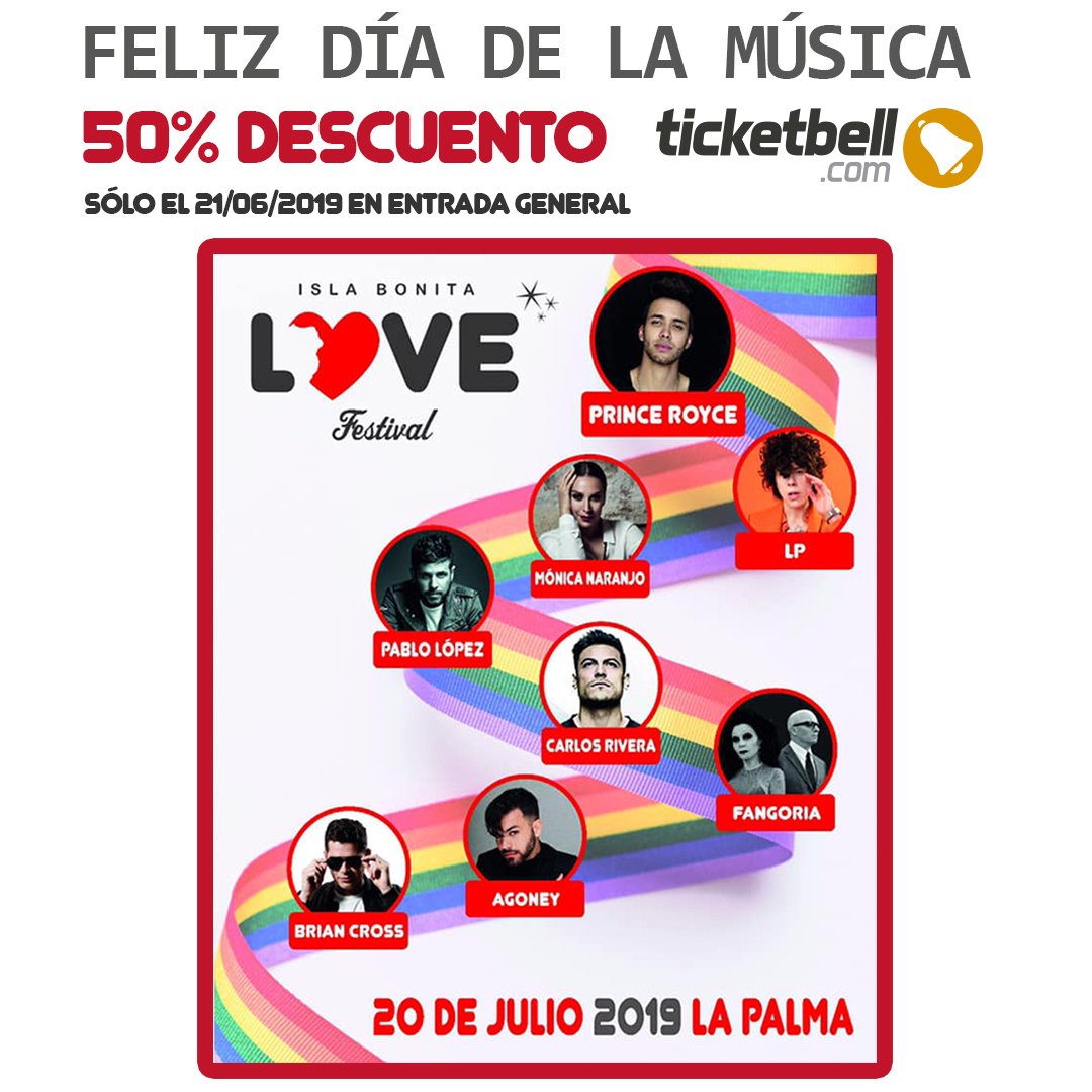 🔔PROMOCIÓN #DIADELAMÚSICA Ticketbell 🔔
🌈Tus entradas Isla Bonita Love Festival AL 50%...Sólo 17,50€ poder ver a estos artistas juntos😲👉 L-O-C-U-R-A  ‼
OFERTA SÓLO 24 HORAS -----2⃣1⃣JUNIO #FELIZDIADELAMÚSICA 
#ISLABONITALOVEFESTIVAL #Tolerancia #Respeto #Love #Festival