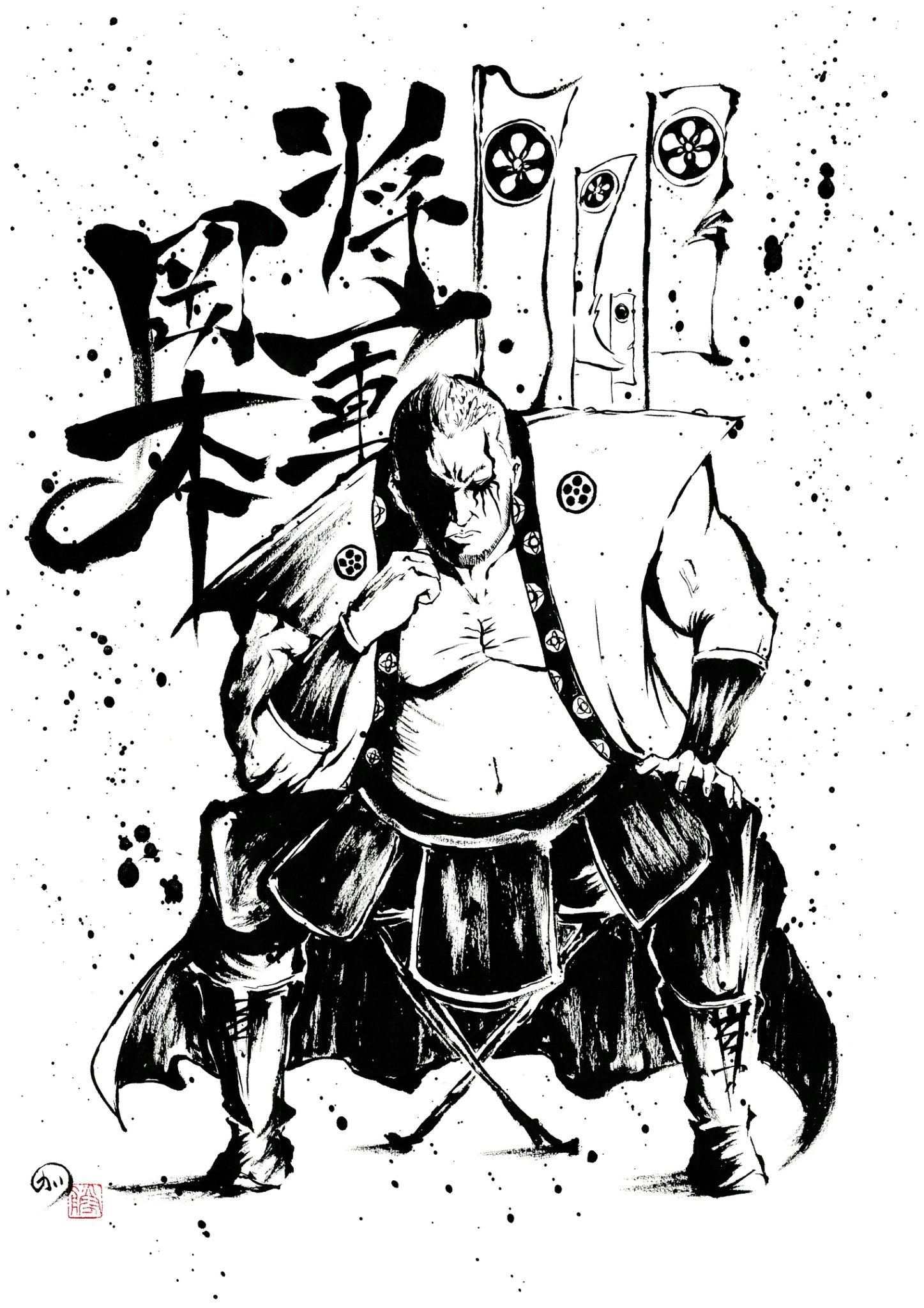 墨絵画家カツ Katsu 昨日は リアルジャパンプロレス やっぱり 将軍岡本 選手かっこいいなぁ 惚れ惚れする プロレス ブードゥーマーダーズ Voodoomurders 後楽園ホール 墨絵師カツ 墨絵 和 絵 イラスト アート Art Wrestler Wrestling