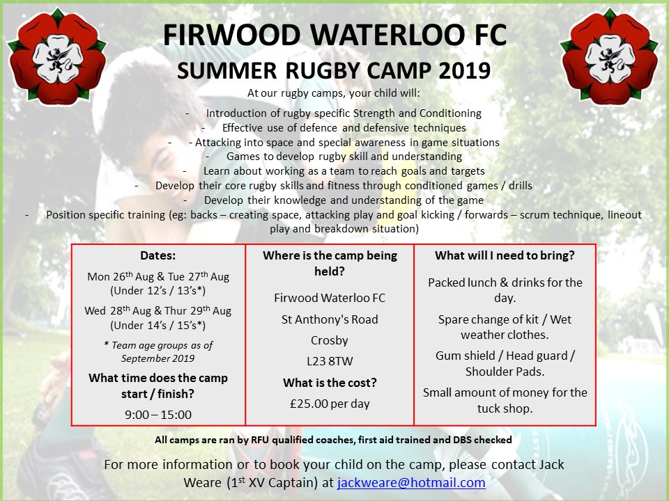 Waterloo1st's tweet image. This summers rugby camp dates have been confirmed - Please note that they are only two, two days camps for all age groups this year due to availability of coaches.

All information is below 👇🏼👇🏼 @WaterlooRugby