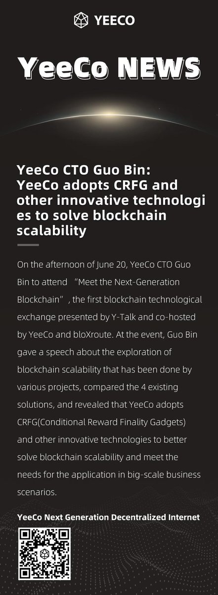 YeeCoOfficial's tweet photo. #YeeCo CTO Guo Bin: YeeCo adopts CRFG and other innovative technologies to solve #blockchain scalability. #YTalk https://t.co/tqsPFL6cMB