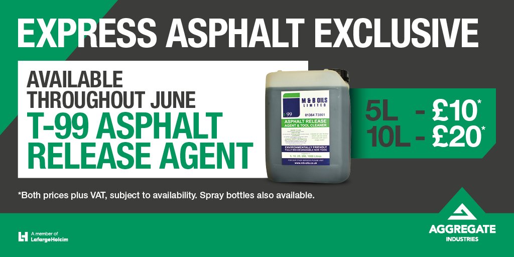 Holcim_UK's tweet photo. Customers visiting our @express_asphalt shops this month can pick up a great deal on T-99 #asphalt release agent, available at £10 for 5 litres and £20 for 10 litres. Don’t miss out 👌 https://t.co/QpjDUOFqZR https://t.co/EGoIvPoh5M