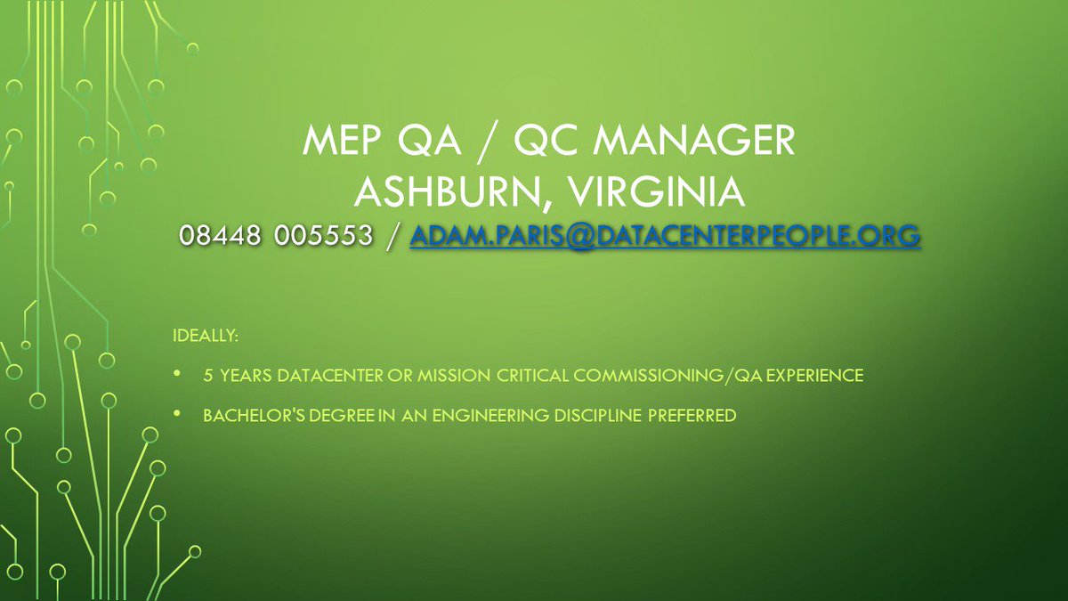 We are seeking an experienced MEP QA / QC Manager in Ashburn, VA - for more info head over to bit.ly/2IucpK7

#DCGlobalSearch #DCPJobs #DCPJobsBoard #ExecutiveSearchFirm #ExecutiveSearch #TalentAcquisition #Ashburn #AshburnVA #MEPJobs #QAQC #QAQCJobs #EngineeringDegree