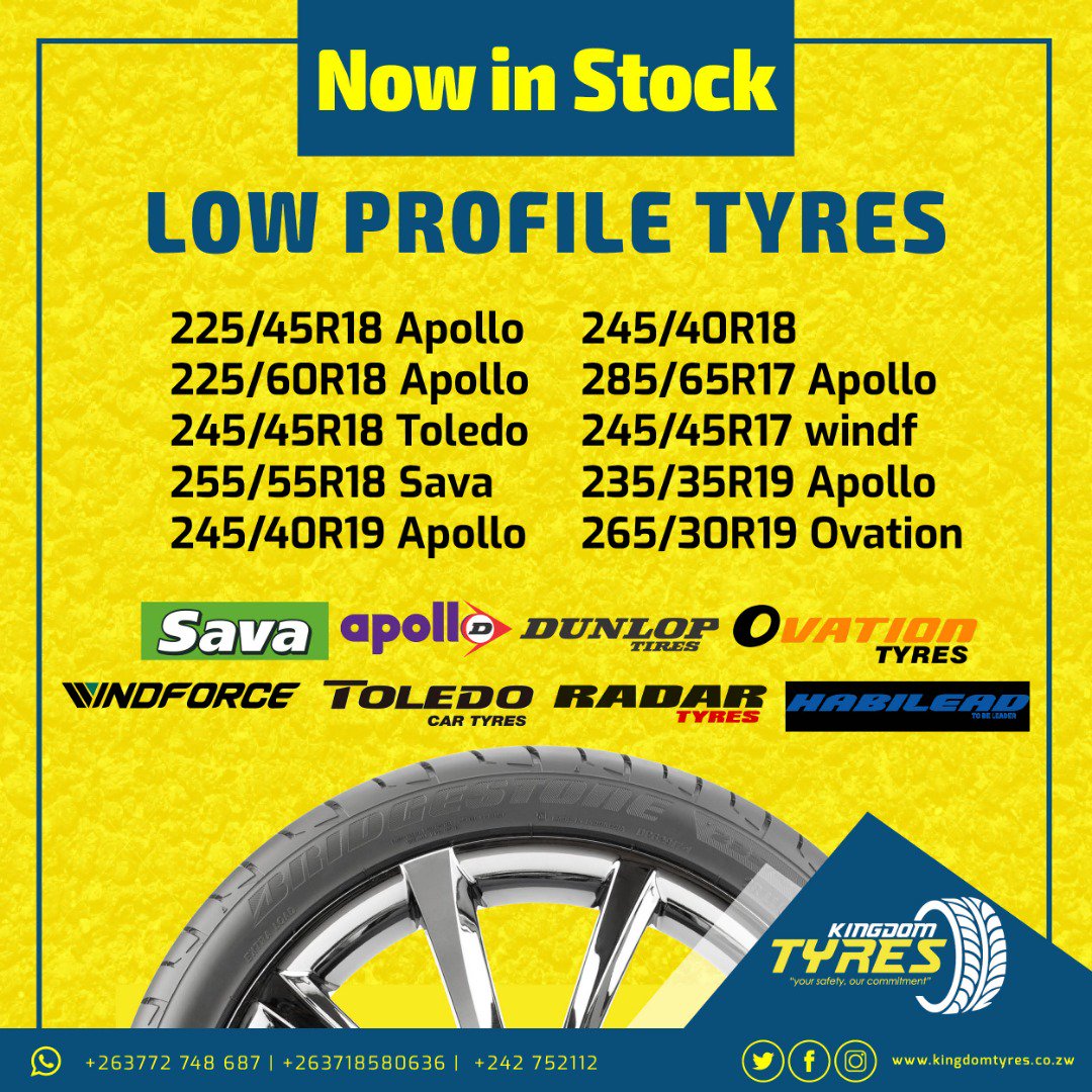 TyresKingdom's tweet image. Hey hey.... we got the Hottest Tyres in Town, the kind you can only get from Kingdom Tyres. Pass through and pick your best Low Profile Tyres from the best brands available...
#lowprofiletyres
#leadingtyreserviceszw
#wheelalignmentservices
#hotesttyresintown