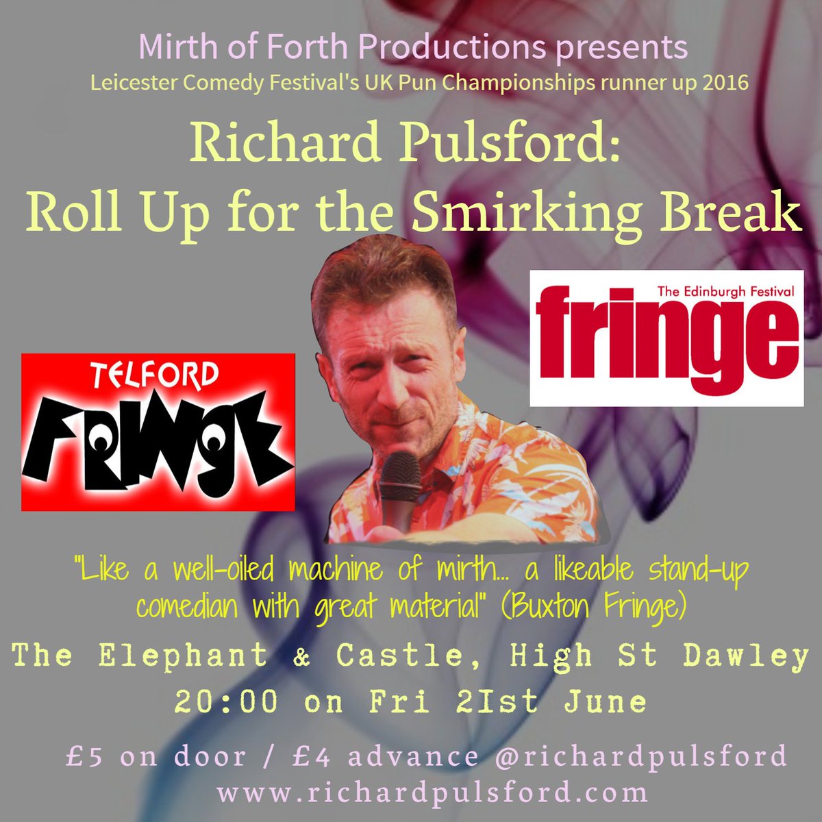 RichardPulsford's tweet photo. TONIGHT! My solo stand-up show Roll Up for the Smirking Break is at The Telford Fringe in a double bill with Laura Monmoth at 8pm at The Elephant & Castle, Dawley. Tickets £4 in advance, £5 on the door. https://t.co/iZWqjjZxal #RollUpSmirk https://t.co/IlWIsGue9e