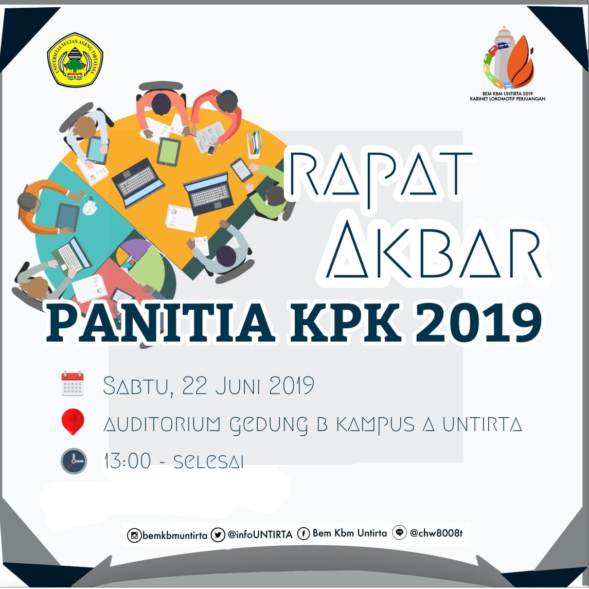 [ KPK UNTIRTA 2019 ]

HALO PARA MAHASISWA UNTIRTA !

Diberitahukan bahwa akan ada Rapat Panitia Akbar Panitia KPK UNTIRTA 2019, yang akan dilaksanakan pada :

Tanggal : Sabtu, 22 Juni 2019
Waktu : 13:00 s/d Selesai
Tempat : Ruang Auditorium Ged.B Kampus A UNTIRTA

#BEMUntirta2019