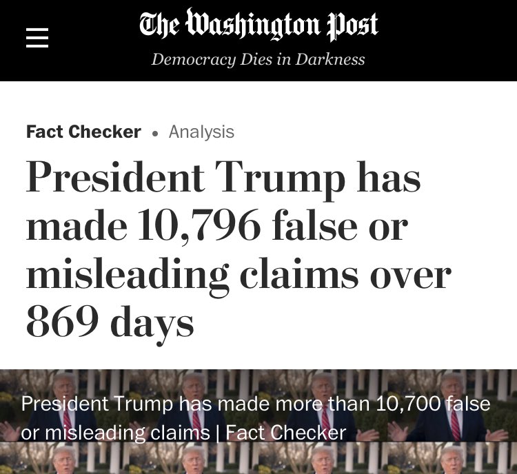 1/ Let’s start here: 11,000 lies, bankrupting rational thought.  https://www.washingtonpost.com/politics/2019/06/10/president-trump-has-made-false-or-misleading-claims-over-days/