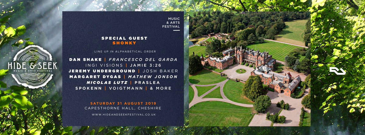 Hide&amp;Seek Festival 31/08
A new music &amp; arts festival coming to Capesthorne Hall, Cheshire 

Tickets: residentadvisor.net/events/1241712