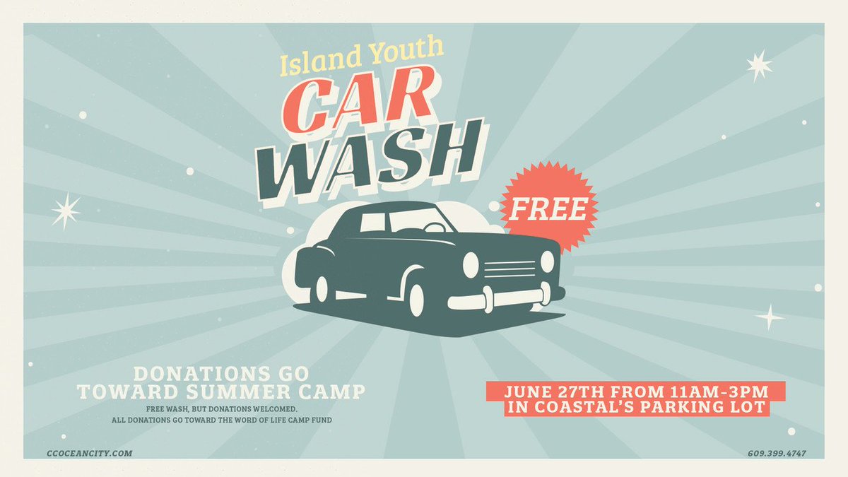 Come on out, on June 27th, to Coastal's parking lot and get a free car wash! We'll also have some food for you! All donations go towards Island Youth Summer Camp.
-
See you there 😃