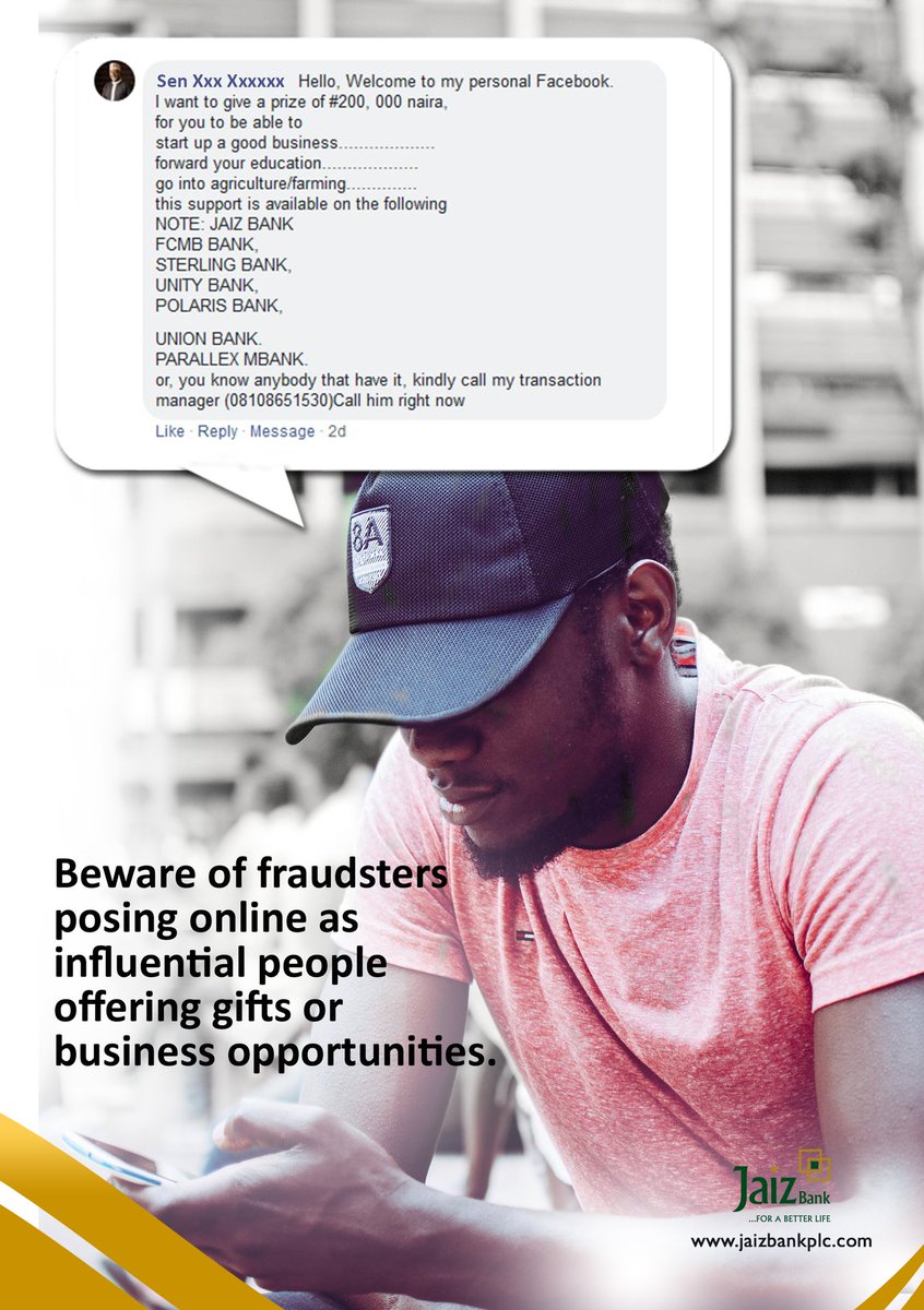 JaizBankNG's tweet photo. Hello friends. Please note that criminals are constantly on the prowl on social media looking for unsuspecting victims to defraud.
If you see any suspicious message, DO NOT RESPOND OR CONTACT THEM.
Don't fall for their scams.
#JaizLifeStyle #Wealthpartner #EthicalBanking https://t.co/adLrrQ5QVI