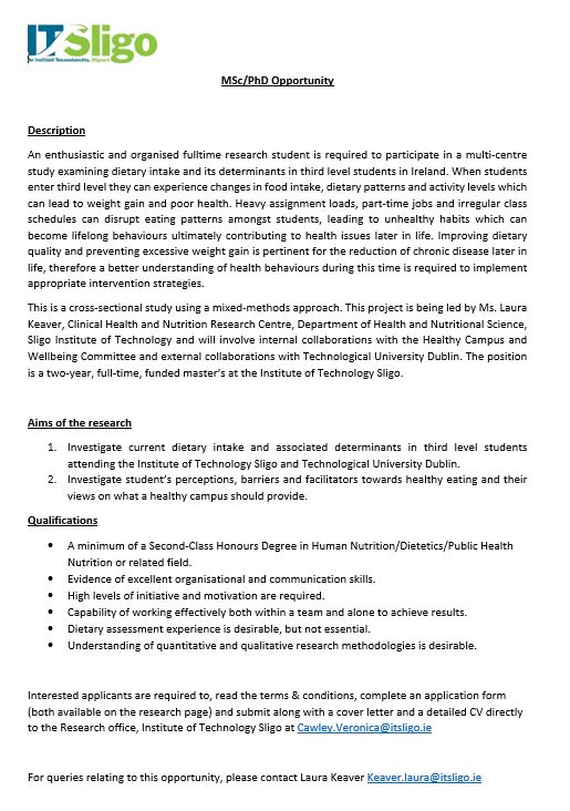 The deadline for this MSc opportunity has been extended, if you are interested in improving the health of third level students and gaining experience in both quantitative and qualitative methods you should apply for this multi-centre study being run by <a href="/itsligo/">ATU Sligo</a> and TU Dublin.