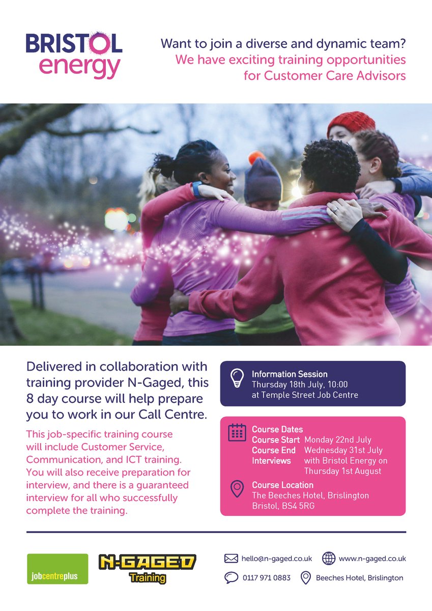 NGagedTraining's tweet image. We are holding a fantastic 8 day course at N-Gaged, in collaboration with Bristol Energy, providing you with the skills you'll need to work in their Call Centre.

Upon successful completion of the course you're guaranteed an interview!

Call us:
0117 971 0883
hello@n-gaged.co.uk