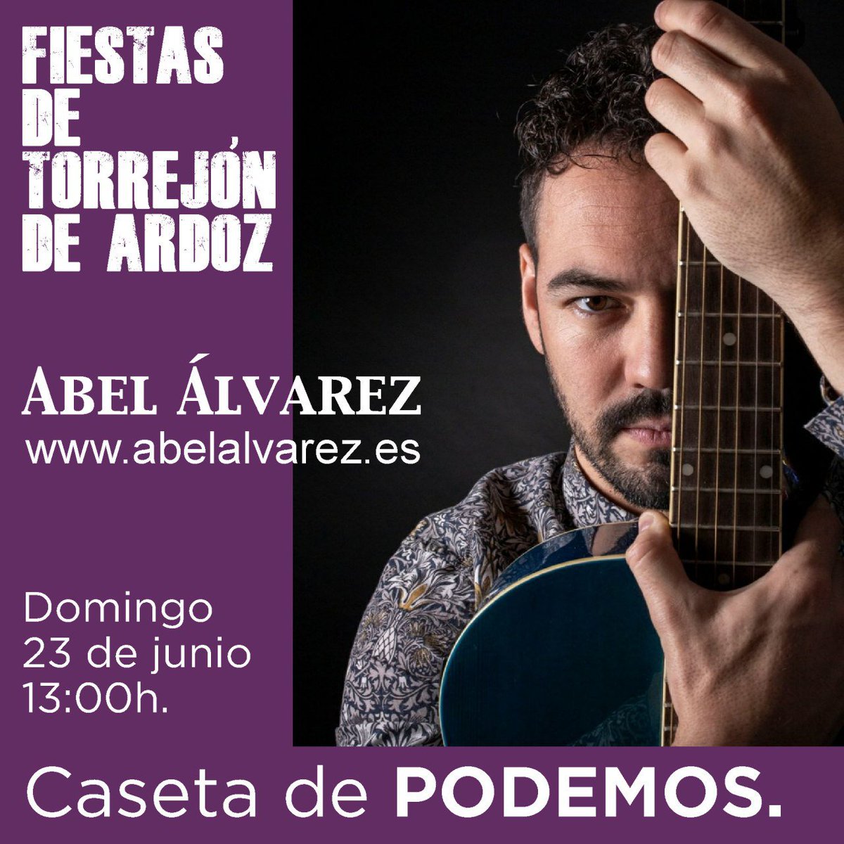 RT PodemosTorrejon: "Un gustazo poder escuchar en directo a Abel Álvarez en nuestra caseta morada 🎶

¡¡No te pierdas a este artista de raíces torrejoneras, el domingo a las 13 h!!💃🕺 "