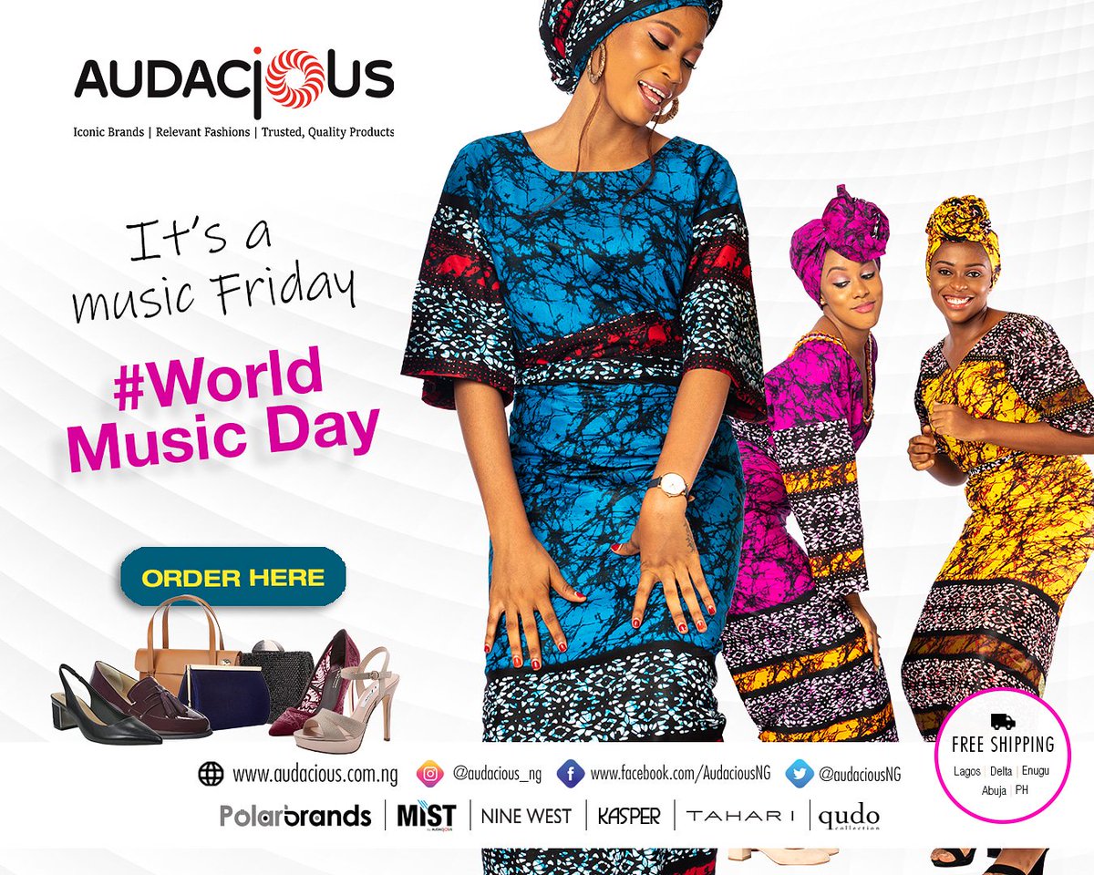 AudaciousNG's tweet photo. Happy World Music Day from Audacious. Enjoy your favourite tunes while you shop the best and latest brands like Nine West and African Styles from Mist by Audacious. Play on. Shop now! 
#fridaytunes #worldmusicday #worldmusic #tigf #audacious #mist #ninewest #africanstyles https://t.co/c9xt54Dlil