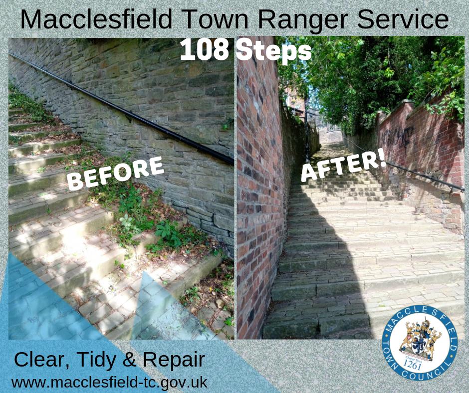 MaccRanger's tweet photo. Swept, weeded and litter picked, looking much better now. How many of you use these steps regularly? They're a great way to keep fit. #Macclesfield #108steps #fitness https://t.co/HzRCuZGdge