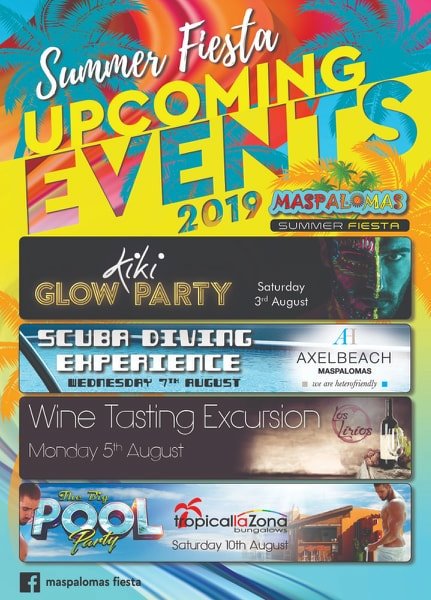 Maspalomas Summer Fiesta (@maspalomasf) on Twitter photo Check out some of the events we have in store for you this August
Glow Party at <a href="/kiki_GC/">Kiki / Terrace Bar</a> Sat 3rd August
Free Scuba Diving Experience at <a href="/axelfriendly/">Axel Hotels</a> Wed 7th August
Wine Tasting at Bodega Los Lirios Mon 5th August
The Big Pool Party at Tropical La Zona Sat 10th August Check out some of the events we have in store for you this August
Glow Party at <a href="/kiki_GC/">Kiki / Terrace Bar</a> Sat 3rd August
Free Scuba Diving Experience at <a href="/axelfriendly/">Axel Hotels</a> Wed 7th August
Wine Tasting at Bodega Los Lirios Mon 5th August
The Big Pool Party at Tropical La Zona Sat 10th August