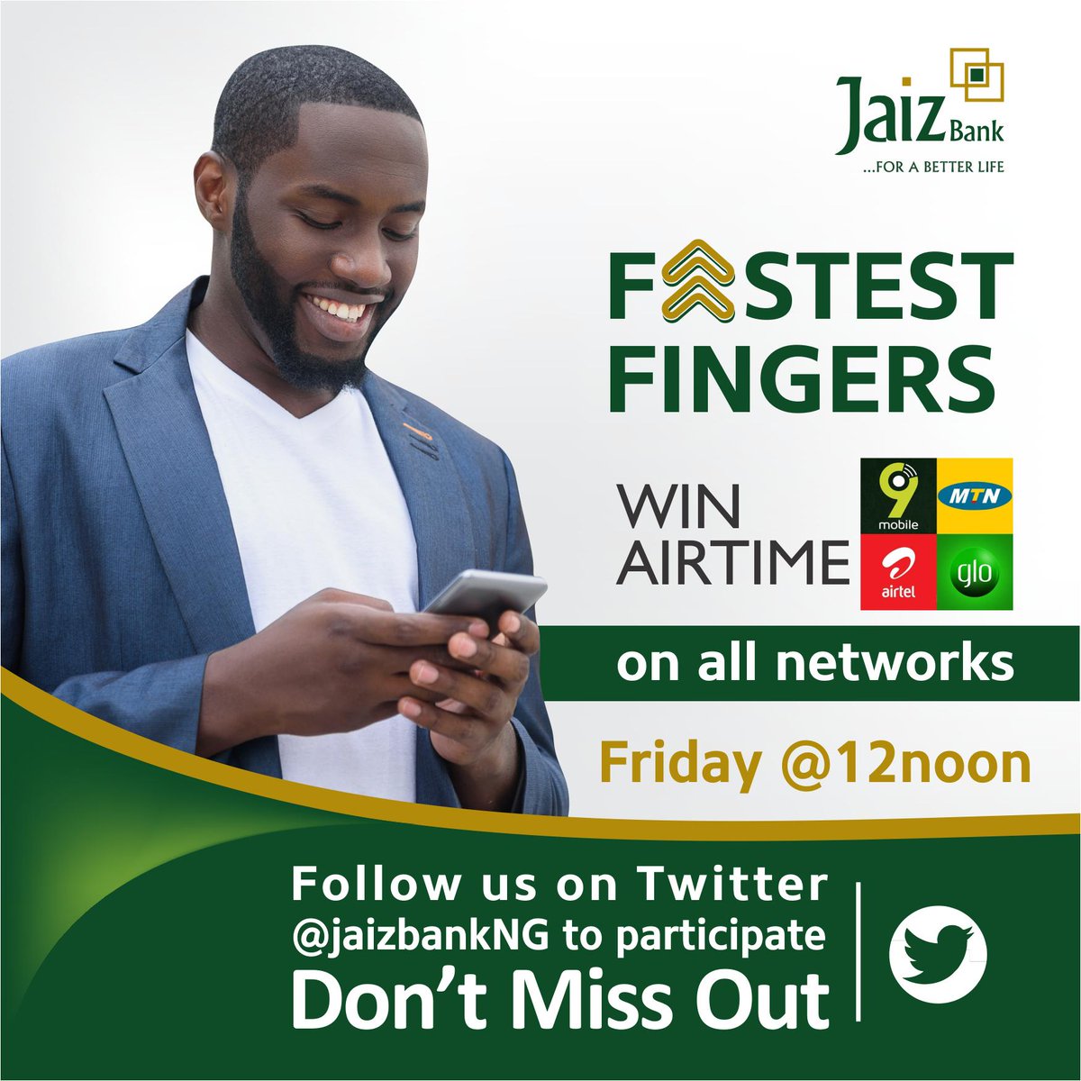 JaizBankNG's tweet photo. Today is Friday. In 30 minutes, it will be time for #FastestFingerFriday. Are you ready? #JaizLifestyle #Ethicalbanking #JaizBank #Friday https://t.co/SjF9zgWPow