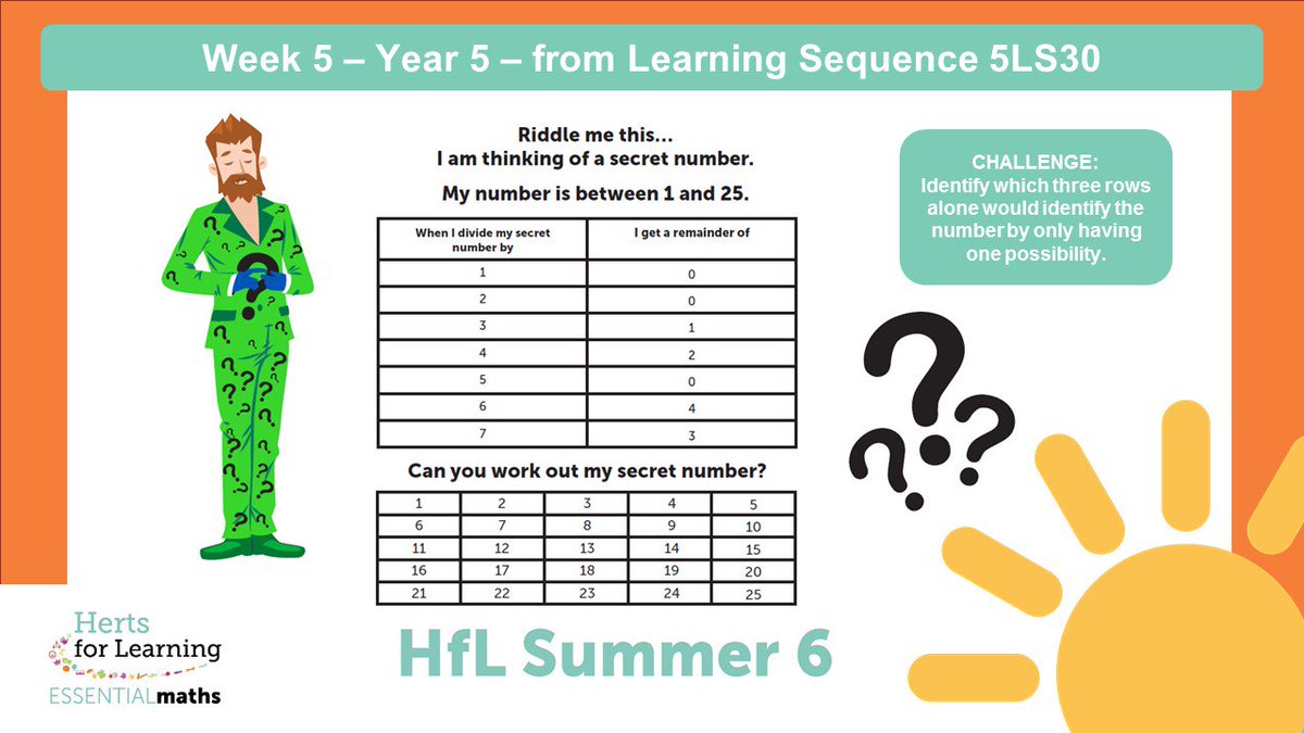 HFLPrimaryMaths's tweet photo. * YEAR 5 * Task 29 in the 2019 #HfLSummer6 series. This task revisits learning from the Summer #ESSENTIALmaths sequence 5LS30. Can you identify the crucial clues in this riddle? https://t.co/lvGFDCpWkM