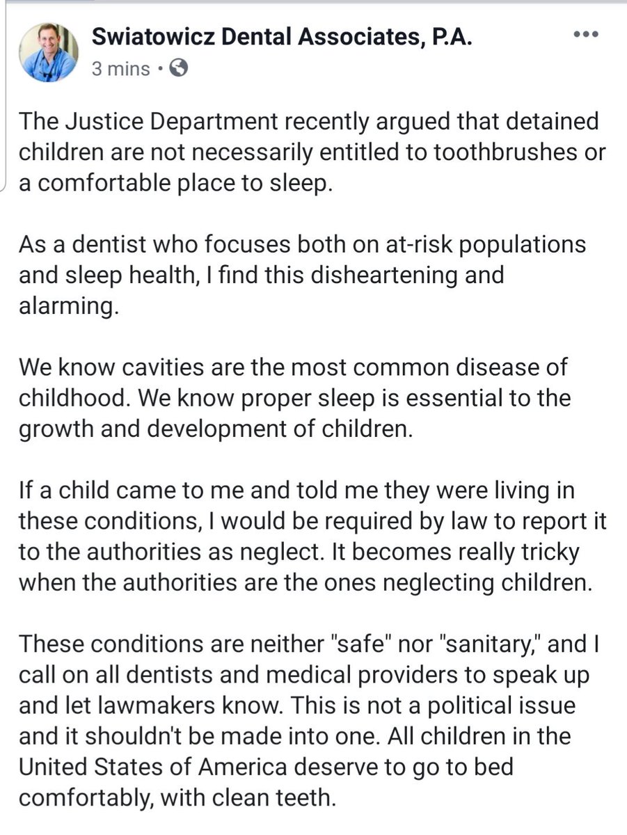DEToothDr's tweet photo. The @realDonaldTrump administration recently argued that detained children could have "safe and sanitary" living conditions without toothbrushes and a comfortable place to sleep. As a sleep #dentist I know they are wrong. https://t.co/Ul8HqoemtW