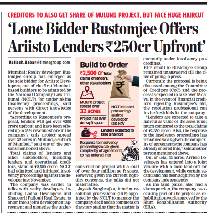 KailashBabar_'s tweet image. Lone bidder #Rustomjee offers #Ariisto #lenders ₹ 250 crore upfront. bit.ly/2Rydpjm @EconomicTimes @Realty_Et #Mumbai #Insolvency #bankruptcy #realestate