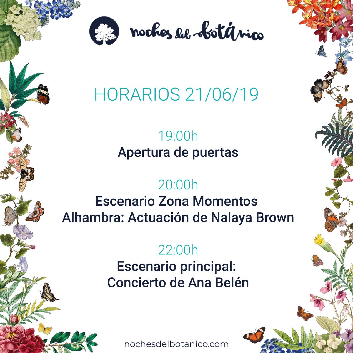 💐 ¡Horarios de esta noche! 💐 
19h Apertura de puertas
20h Escenario Zona Momentos @cervezasalhambra, con la actuación de la artista canaria de jazz @nalaya.
22h Escenario principal, con el concierto (sold out) de <a href="/OficialAnabelen/">Ana Belén</a>