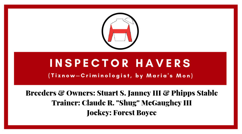 INSPECTOR HAVERS IN MAIDEN AT LAUREL FRIDAY
#StuartJanney & #PhippsStable's 3yo filly #InspectorHavers returning to dirt in @LaurelPark R7 Fri, $40k MSW, f/m, 3/up, abt. 8½f dirt, outside post #8, jock #ForestBoyce. Good recent work. 4th in career debut on dirt at Aqu on 4/5/19.
