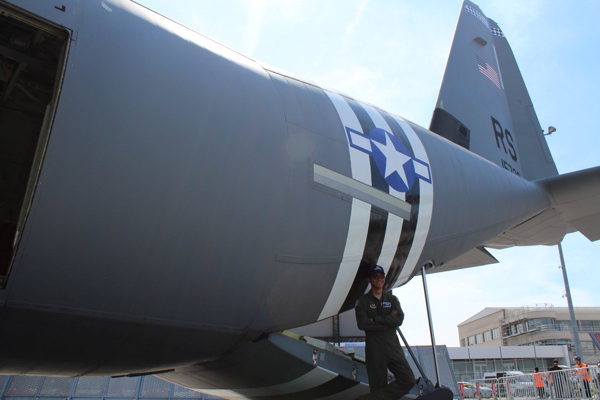 AIAspeaks's tweet photo. It's a beautiful day at the #ParisAirShow and our aircrew at the @DeptofDefense Corral are excited to be on the ground at Le Bourget! Celebrate the beauty of aviation by stopping by to see the C-130J with commemorative #WWII stripes in honor of #DDay75. #PAS19 #AvGeek https://t.co/QKcMMGvOAL