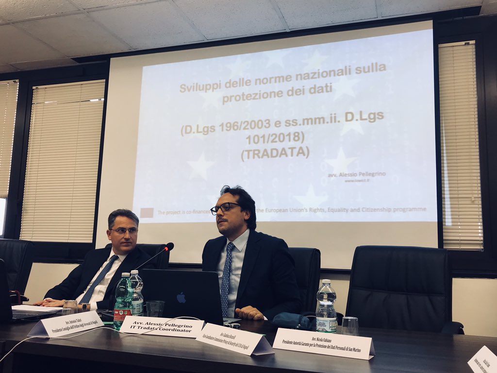 Alessio Pellegrino, coordinator of the #TRADATA project in Italy, talks about the evolution of the privacy in Italy during our seminar in Naples <a href="/CNF_it/">Consiglio Nazionale Forense</a> <a href="/EU_Justice/">EU Justice</a>